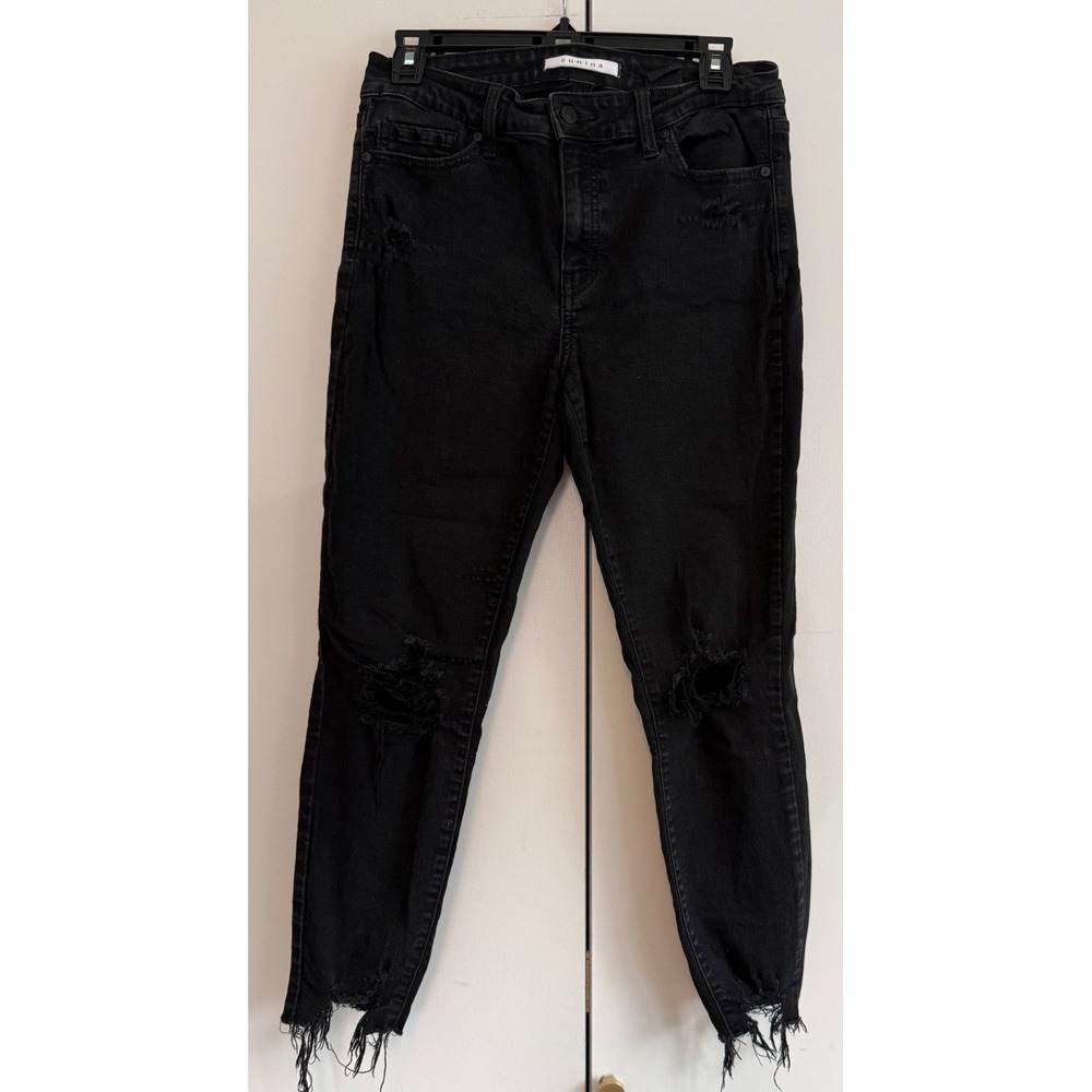 Eunina Josie Mid Rise Skinny Crop Jeans Black Distressed Frayed Hem Womens 11‎